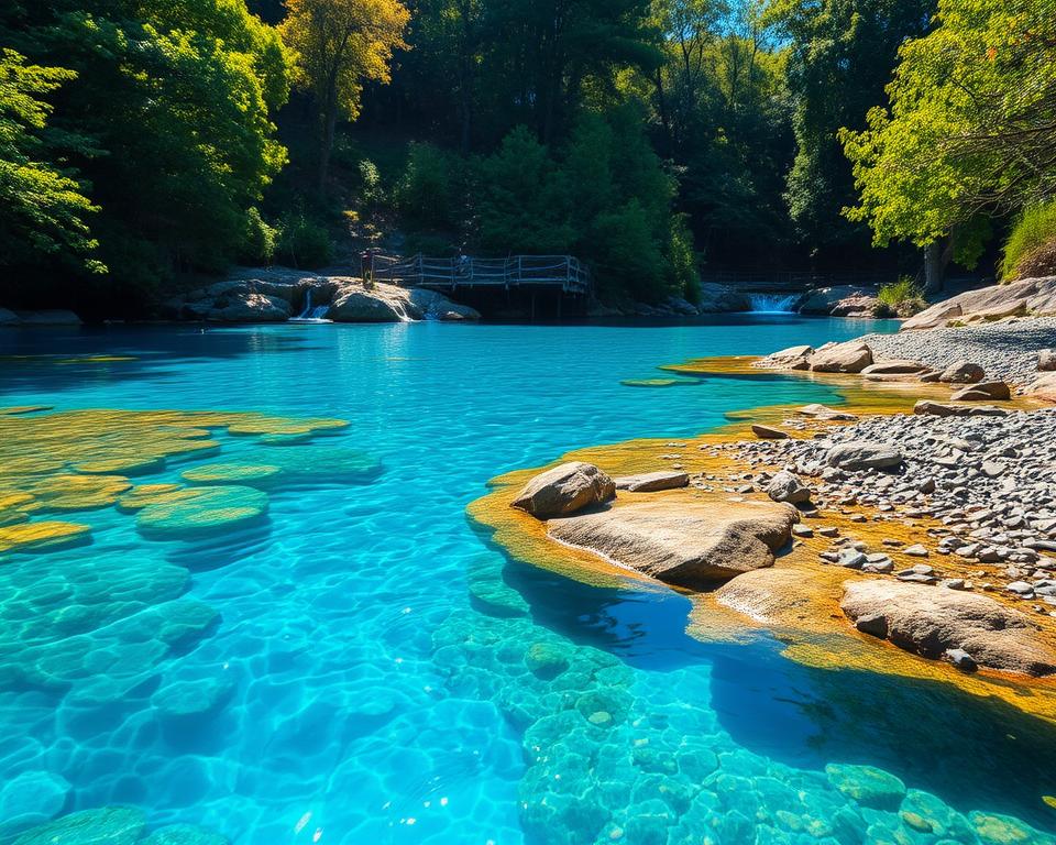 A stunning view of the Blue Eye, a natural spring in Albania, capturing the vibrant cerulean waters surrounded by lush greenery. In the foreground, the clear, blue water is shimmering under the bright sunlight, reflecting various hues of blue and turquoise. The middle ground features rocky banks with small pebbles and patches of moss, creating a serene atmosphere. In the background, dense trees and foliage frame the scene, suggesting a tranquil and inviting woodland environment. The lighting is warm and bright, creating a peaceful mood. This landscape should evoke a sense of wonder and natural beauty, inviting viewers to explore the enchantment of the Blue Eye. Ensure there are no people or text in the scene. A stunning view of the Blue Eye, a natural spring in Albania, capturing the vibrant cerulean waters surrounded by lush greenery. In the foreground, the clear, blue water is shimmering under the bright sunlight, reflecting various hues of blue and turquoise. The middle ground features rocky banks with small pebbles and patches of moss, creating a serene atmosphere. In the background, dense trees and foliage frame the scene, suggesting a tranquil and inviting woodland environment. The lighting is warm and bright, creating a peaceful mood. This landscape should evoke a sense of wonder and natural beauty, inviting viewers to explore the enchantment of the Blue Eye. Ensure there are no people or text in the scene.