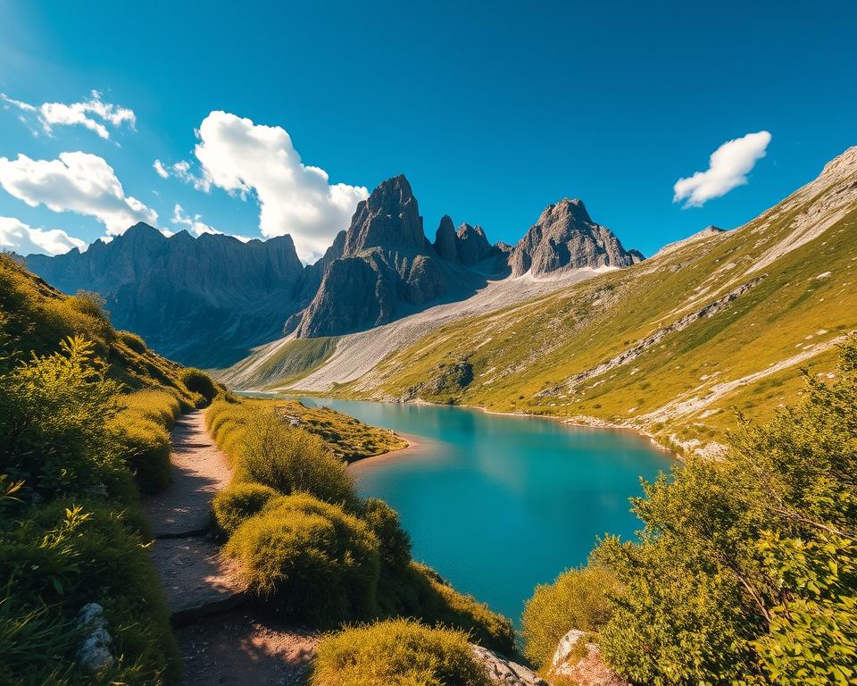A stunning view of the Blue Eye, a natural spring in the Albanian Alps, surrounded by vibrant greenery and rugged mountains. In the foreground, a narrow, winding hiking trail leads through lush vegetation, inviting adventurers to explore. The mid-ground showcases the striking azure waters of the Blue Eye, clearly visible beneath the crystal-clear surface, reflecting the sunlight. Towering peaks with rocky textures rise in the background, contrasting beautifully with the bright blue sky dotted with fluffy white clouds. The scene captures the serene yet adventurous spirit of hiking in this breathtaking landscape, bathed in warm, soft lighting that enhances the natural beauty. The atmosphere is peaceful and invigorating, with an emphasis on the untouched wilderness of the Albanian Alps.