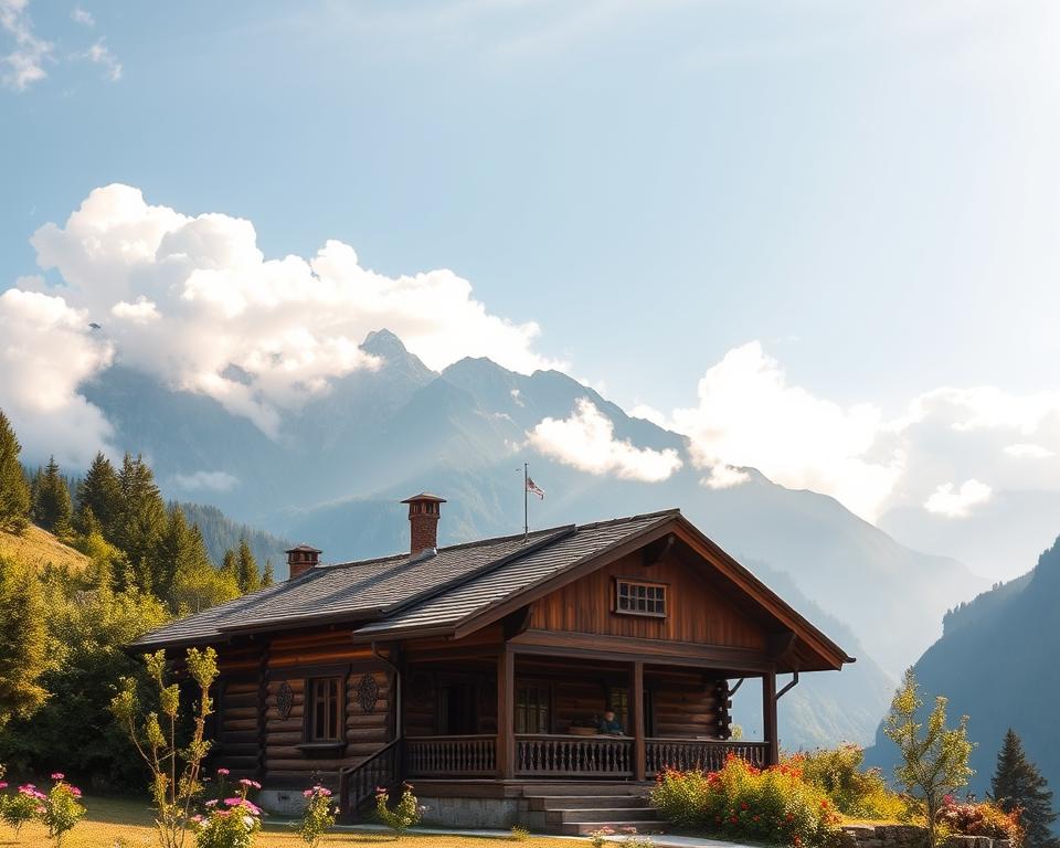 A traditional guesthouse nestled in the picturesque mountains of Theth, Albania. In the foreground, depict a charming wooden building with intricate carvings, surrounded by lush greenery and vibrant wildflowers. The middle ground should feature the majestic peaks of the Albanian Alps, partially shrouded in mist, creating a sense of serenity. In the background, include a clear blue sky with soft, fluffy clouds filtering warm sunlight. The scene should evoke a peaceful, inviting atmosphere, perfect for travelers seeking an authentic experience. Use a wide-angle lens to capture the grandeur of the landscape, focusing on warm, natural lighting that highlights the textures of the wooden structure and the beauty of the surrounding nature.