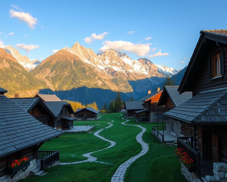 A traditional mountain village nestled in the heart of the Albanian Alps, serving as a perfect starting point for hiking adventures. In the foreground, quaint wooden houses with stone roofs are adorned with colorful flower boxes, showcasing the rich cultural heritage. The middle ground features lush green trails and well-marked paths winding through vibrant meadows, inviting wanderers to explore. The background reveals majestic, towering peaks, their snow-capped summits glistening in the warm golden light of a late afternoon sun, casting long shadows. The atmosphere is serene and inviting, with soft clouds drifting lazily across a clear blue sky. Captured from a wide-angle perspective, the image exudes a sense of adventure and tranquility, perfect for inspiring outdoor enthusiasts.