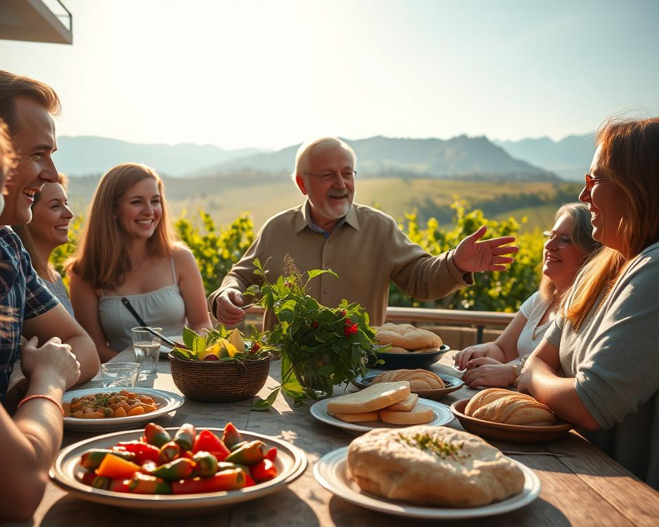A warm and inviting scene capturing the essence of Albanian hospitality. In the foreground, a table is set with traditional Albanian dishes, such as stuffed peppers and fresh bread, surrounded by smiling people in modest, casual clothing, engaged in lively conversation. In the middle ground, an elderly host welcomes visitors with open arms, exuding friendliness and charm, while a soft breeze gently moves the greenery around them. In the background, the picturesque Albanian landscape features mountains and lush vineyards under a bright blue sky. The lighting is soft and golden, suggesting early evening, creating a cozy and inviting atmosphere. The overall mood is one of warmth, safety, and connection, illustrating the friendly culture of Albania, perfect for tourists.