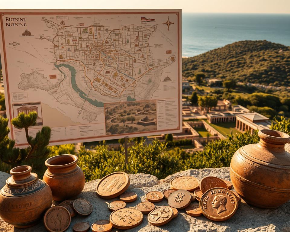 An intricate historical map of the ancient city of Butrint, featuring detailed depictions of significant sites such as temples, theaters, and fortresses, showcasing its evolution from Trojan times through the Ottoman Empire. In the foreground, a collection of authentic artifacts, including pottery and ancient coins, exemplifies the rich cultural heritage of the city. The middle ground highlights a lush landscape of the National Park, with Mediterranean flora framing the archaeological remains. In the background, a serene view of the shimmering waters of the Adriatic Sea adds depth. The lighting is warm and inviting, reminiscent of a sunset, casting a soft glow on the artifacts. The mood is one of reverence and wonder, capturing the historical significance of Butrint, a destination where nature intertwines with ancient history. An intricate historical map of the ancient city of Butrint, featuring detailed depictions of significant sites such as temples, theaters, and fortresses, showcasing its evolution from Trojan times through the Ottoman Empire. In the foreground, a collection of authentic artifacts, including pottery and ancient coins, exemplifies the rich cultural heritage of the city. The middle ground highlights a lush landscape of the National Park, with Mediterranean flora framing the archaeological remains. In the background, a serene view of the shimmering waters of the Adriatic Sea adds depth. The lighting is warm and inviting, reminiscent of a sunset, casting a soft glow on the artifacts. The mood is one of reverence and wonder, capturing the historical significance of Butrint, a destination where nature intertwines with ancient history.