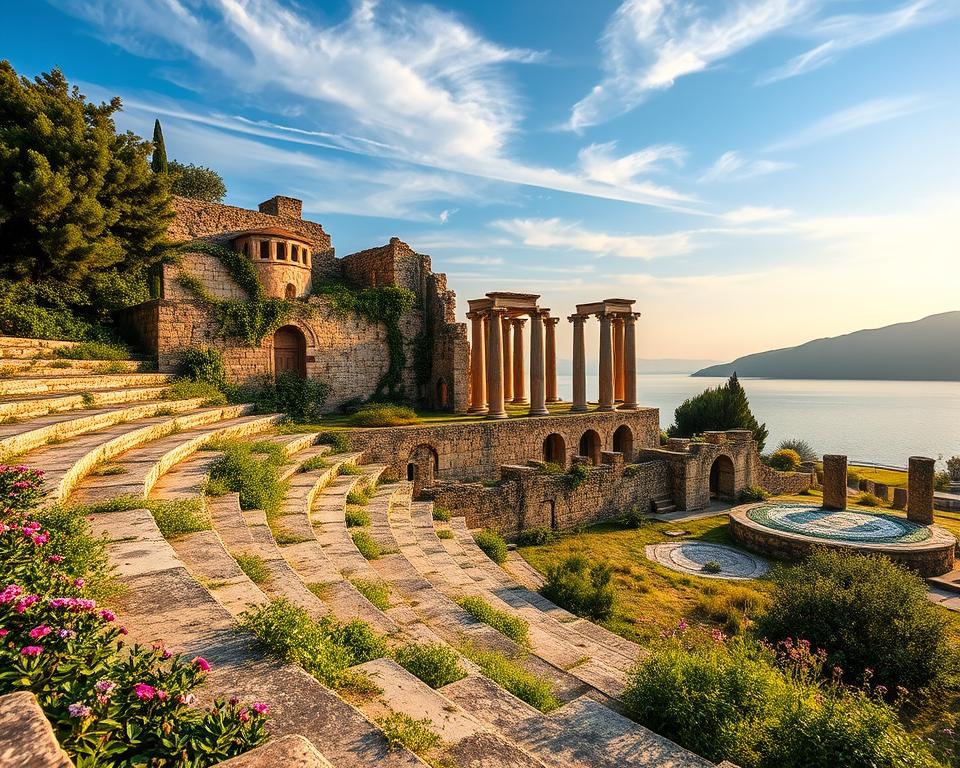 Ancient ruins of Butrint, showcasing a blend of classical Greek and Roman architecture. In the foreground, a well-preserved stone amphitheater with gentle steps leading up to it, surrounded by lush greenery and blooming wildflowers. The middle ground features crumbling columns and intricate mosaics, partially covered by vines, illustrating the passage of time. In the background, the serene waters of the Butrint lagoon reflect the late afternoon sun, casting a warm golden glow across the scene. A clear blue sky with soft, wispy clouds enhances the tranquil atmosphere, ideal for exploring nature. The composition is framed with a wide-angle lens, emphasizing the grandeur of the site, capturing both detail and the vastness of this historical treasure nestled in nature. Ancient ruins of Butrint, showcasing a blend of classical Greek and Roman architecture. In the foreground, a well-preserved stone amphitheater with gentle steps leading up to it, surrounded by lush greenery and blooming wildflowers. The middle ground features crumbling columns and intricate mosaics, partially covered by vines, illustrating the passage of time. In the background, the serene waters of the Butrint lagoon reflect the late afternoon sun, casting a warm golden glow across the scene. A clear blue sky with soft, wispy clouds enhances the tranquil atmosphere, ideal for exploring nature. The composition is framed with a wide-angle lens, emphasizing the grandeur of the site, capturing both detail and the vastness of this historical treasure nestled in nature.