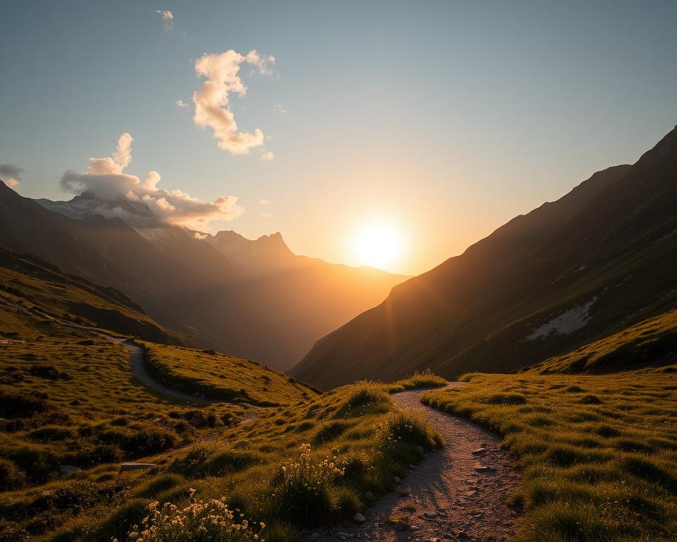 Lush green hiking pathways weave through the majestic mountainous landscape of Theth, Albania. In the foreground, a winding trail bordered by wildflowers invites exploration, leading toward a serene mountain backdrop. The mid-ground showcases rugged peaks with snow-capped summits, basking in the warm glow of a golden sunset that casts long shadows and enhances the rich shades of green and brown in the terrain. Soft clouds drift above, hinting at changing weather typical of the region. The atmosphere exudes tranquility and adventure, inspiring a sense of wonder. The scene is captured with a wide-angle lens to emphasize the vastness of the landscape, bathed in natural light that highlights the beauty of nature in this hidden gem of the Albanian Alps.
