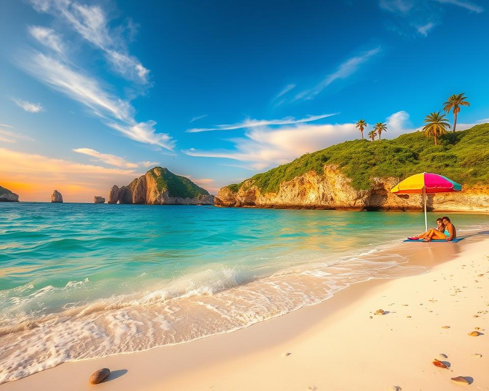 Lush southern Albanian beaches, capturing a Caribbean feel, with powdery white sand and crystal-clear turquoise waters. In the foreground, gentle waves lap at the shore, dotted with smooth pebbles and seashells. A colorful beach umbrella and a few relaxed individuals in modest casual clothing enjoy the sun, sitting on beach towels. In the middle, vibrant green cliffs rise, covered with lush vegetation, with a few scattered palm trees swaying in the breeze. The background features a stunning sunset with warm orange and pink hues blending into a serene blue sky. The lighting is soft and golden, casting a warm glow over the scene, evoking a peaceful and inviting atmosphere, reminiscent of a tropical paradise. Use a wide-angle lens to capture the expansive beauty of this idyllic beach setting.