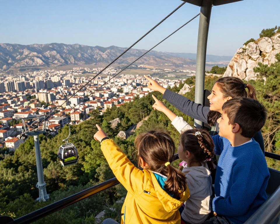 Dajti mit Kindern bei einer Seilbahnfahrt