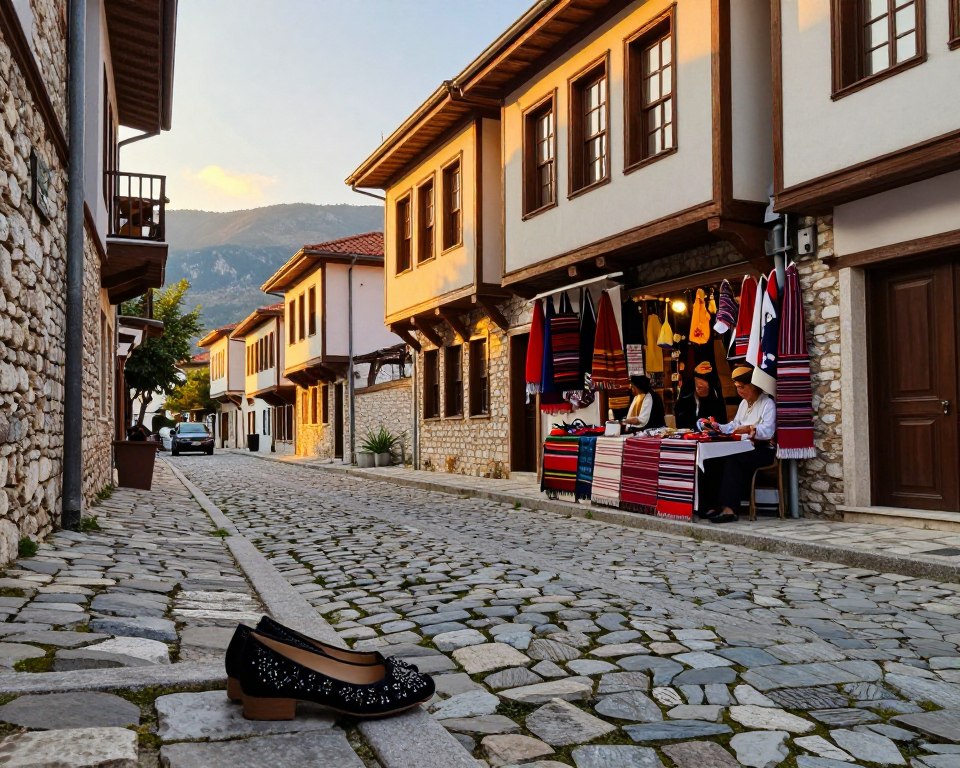 Steile Gassen in Gjirokastra und Schuhe für Kopfsteinpflaster Steile Gassen in Gjirokastra und Schuhe für Kopfsteinpflaster